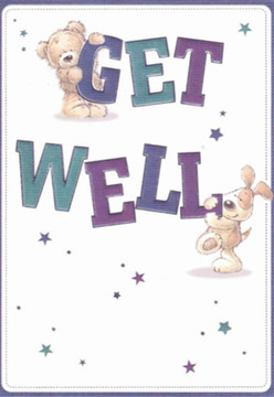 Steeped in the heartwarming community feel of Whetstone, this get well card illustration delightfully blends innocence with vibrant energy. A sweet teddy bear and a spirited puppy, each rendered with inviting, plush details, interact joyfully with oversized 'Get Well' lettering, shaded in lively purples and tranquil teals. Their expressive faces overflow with affection and optimism, recalling the friendly smiles shared among neighbours near Friern Barnet Lane. Sparkling stars in a medley of blues, purples, and soft whites dart across the crisp cream backdrop, like whispered well wishes floating above freshly delivered bouquets. The playful layout and comforting colours mirror the quiet reassurance found in every bespoke floral arrangement prepared in local shops. Every element-down to the gentle, expressive brushwork-carriers a sense of hope and gentle encouragement, making this design an ideal companion gift for a Whetstone resident on the mend.